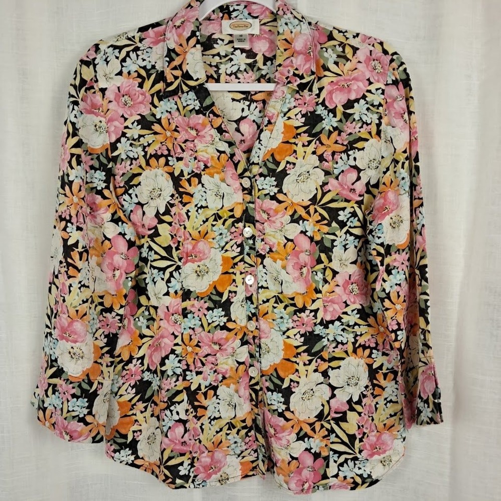 Talbots Vintage 100% Linen Black Floral Button Front Blouse Princess Seams 10